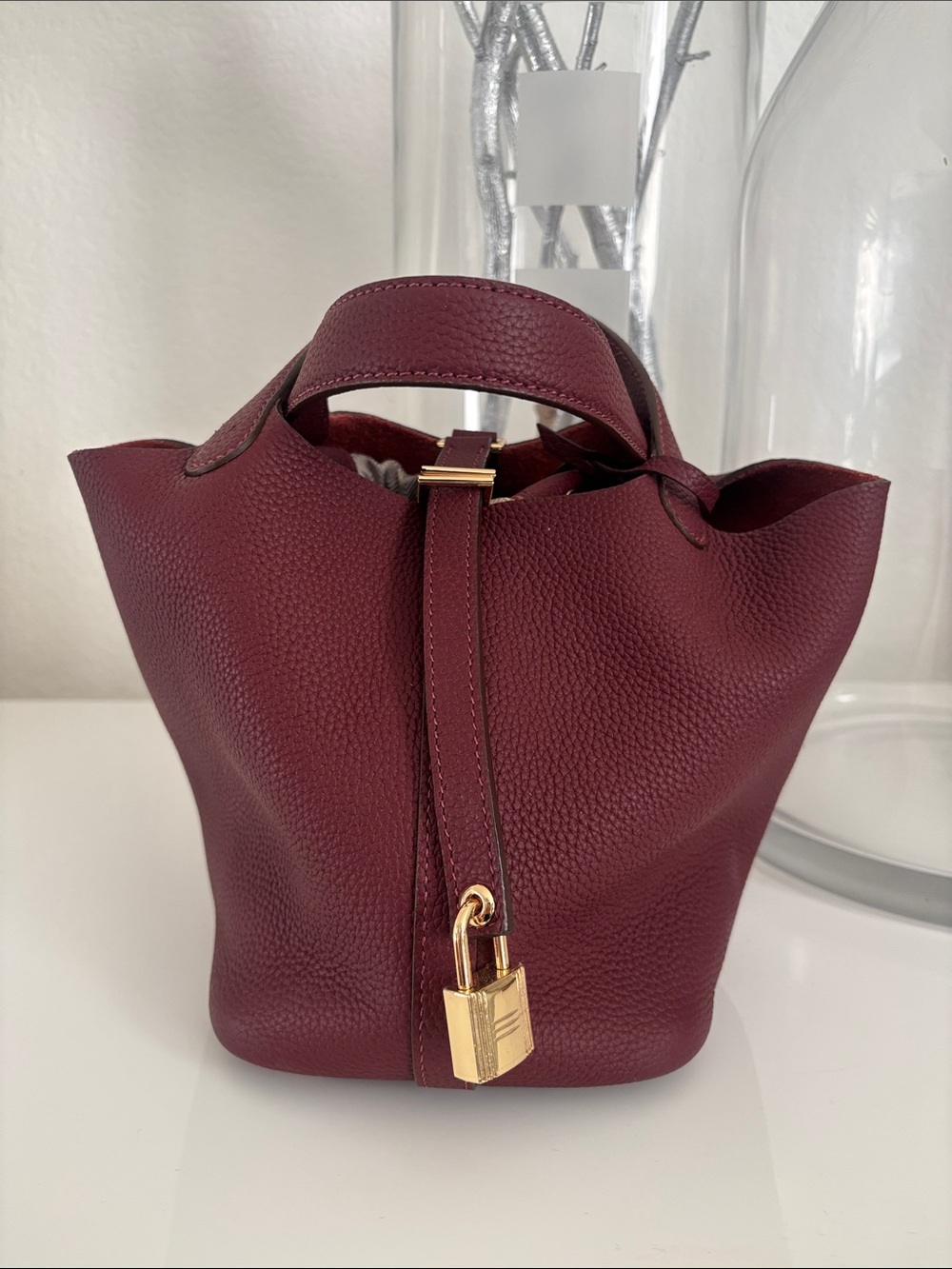 Women’s Burgundy Bucket Bag with Gold Padlock